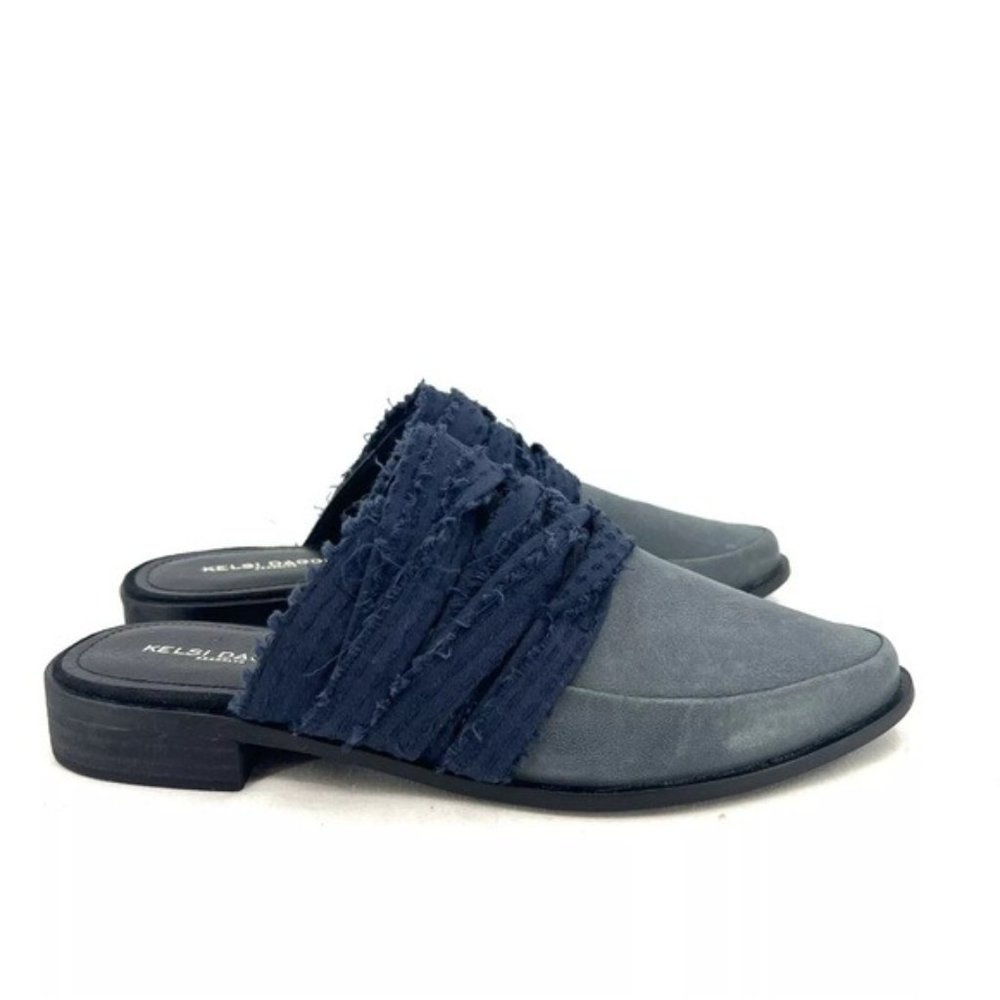 Anthropologie Two-Tone Blue Fringe Slip-On Mules